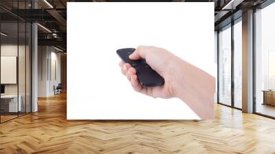 hand with multimedia tv remote control isolated on white Wall mural