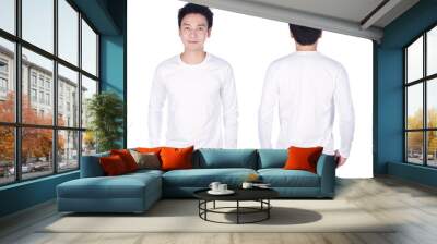 man in white long sleeve t-shirt isolated on white background Wall mural