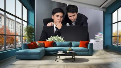 two business man using laptop and discussing project Wall mural