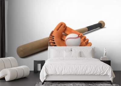 3d rendering of a baseball lying inside a large leather glove near a wooden bat on a white background. Wall mural