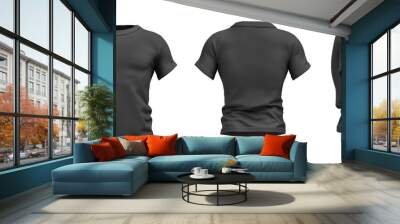 3d rendering of a black T-shirt shaped as a realistic male torso in front, side and back view. Wall mural