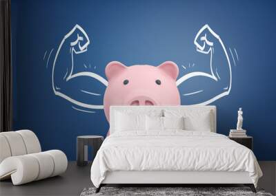 3d rendering of a piggy bank front view with strong arms drawn on both sides on a blue background. Wall mural