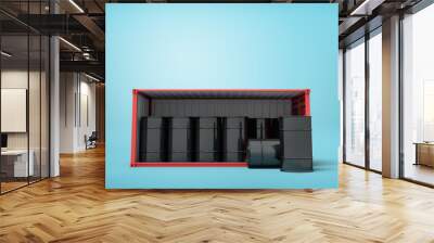 3d rendering of red open side cargo container full of black barrels and two barrels outside on light blue background. Wall mural