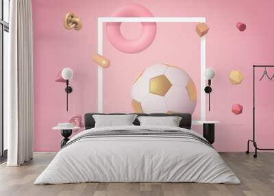 3d rendering of white and gold football highlighted with white frame, floating on yogurt pink background, with lots of different objects floating around. Wall mural