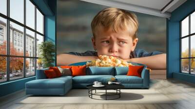 A boy conveys displeasure while looking at a plate filled with a variety of food items, representing a typical struggle that children encounter with meals. Wall mural