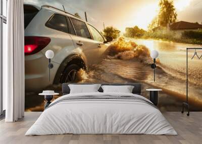 A car fights through high floodwaters at golden hour, emphasizing the dramatic interplay of light and water while showcasing the challenges posed by extreme weather conditions. Wall mural