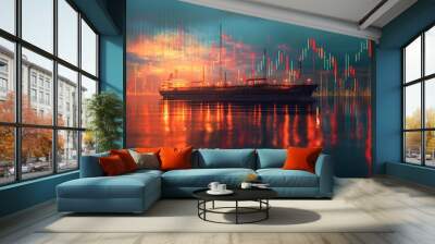 A cargo ship is set against a vibrant backdrop of digital stock market charts, reflecting global trade and economy Wall mural