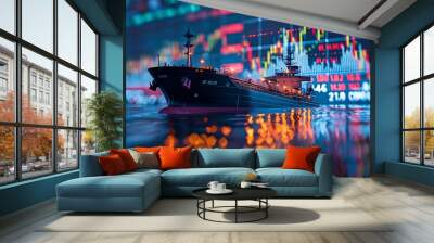 A composite image combining a cargo ship with colorful financial stock market graphs in the background Wall mural