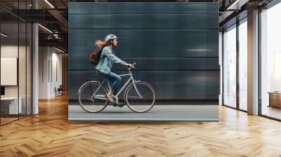 A cyclist wearing a helmet and a backpack rides a bicycle swiftly along a city street, with a blurred background emphasizing the motion and urban environment. Wall mural