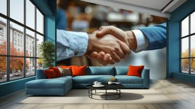 A detailed close-up of two individuals clasping hands in a firm handshake within an office setting, symbolizing agreement, partnership, and mutual respect in a professional environment. Wall mural