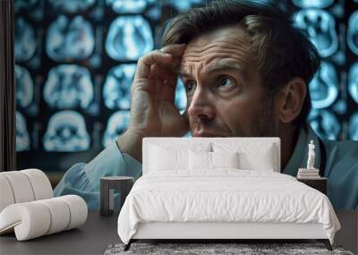 A male doctor appears worried as he analyzes multiple MRI images of the brain in a low-lit room Wall mural