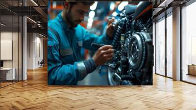 A mechanic in a blue jumpsuit is working intently on the detailed engine of a motorcycle in a workshop Wall mural