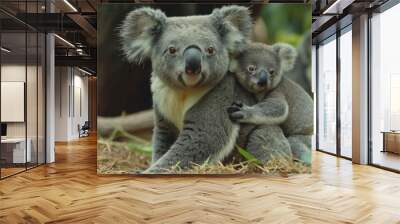 A mother koala holds her baby koala on her back, set against a backdrop of their natural leafy habitat, showcasing an intimate moment in wildlife. Wall mural