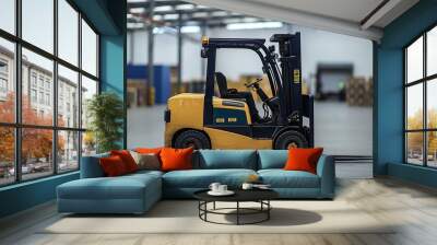 A yellow and black forklift parked in an industrial warehouse aisle with shelves and products in the background Wall mural