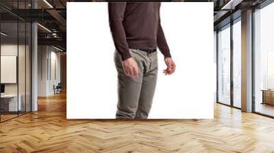 A young man in jumper and cargo pants stands looking in front in half-turned view on a white background. Wall mural