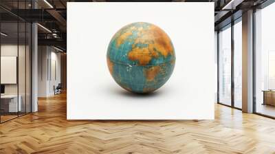 An aged and distressed world globe displaying signs of wear and tear against a white background Wall mural