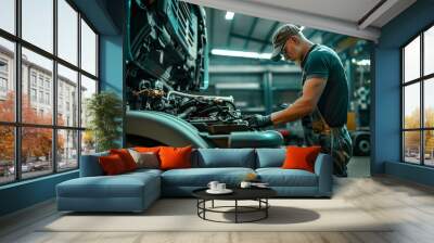 Auto technician meticulously fixing truck engine Wall mural