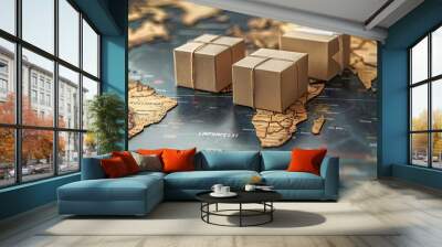 Cardboard boxes on a world map surface Wall mural