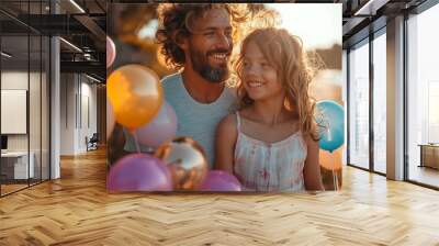 Father and daughter celebrating with balloons Wall mural