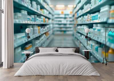 Focused view down the aisles in a pharmacy, showcasing shelves filled with various drug products, health supplies, and over-the-counter medications in a busy retail environment. Wall mural