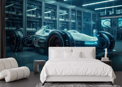 Futuristic race car with digital enhancements Wall mural