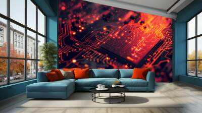 Illuminated red circuit board with central chip Wall mural