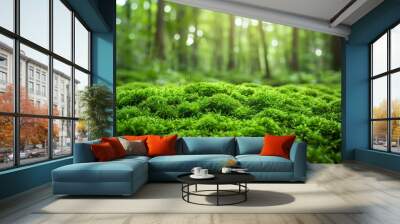 Lush green moss in a serene forest scene Wall mural