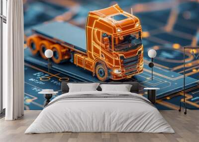 Orange truck model on a circuit board Wall mural