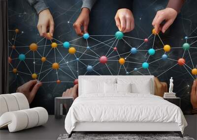 Several hands connecting abstract colorful nodes symbolizing networking and teamwork over a dark background Wall mural