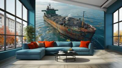 Ship with trash in the clear blue ocean Wall mural