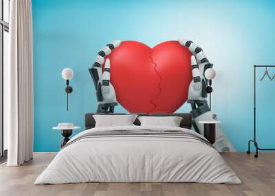 View from above of black and white robot hands holding big red Valentine heart cracked in half on light blue background. Wall mural