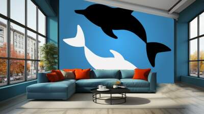 Two dolphins swim in a circle. Silhouette. Vector stock illustration. Yin and Yang symbol. Blue isolated background. Flat style. Ocean dweller. World day of whales and dolphins. Marine mammal. Wall mural