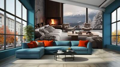 Cozy interior of a modern and contemporary mountain home overlooking a beautiful view of a snowy mountain Wall mural