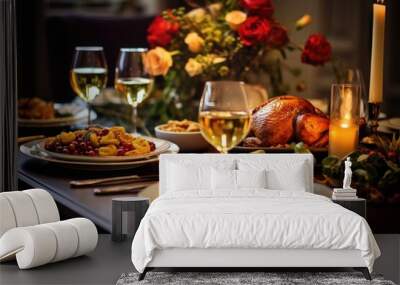 Cozy thanksgiving dinner table with plenty of food and wine without people Wall mural