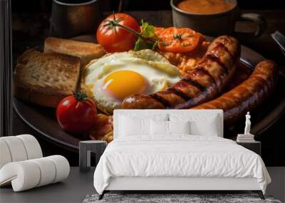 Fresh english breakfast with sausage eggs toast beans and tomatos Wall mural