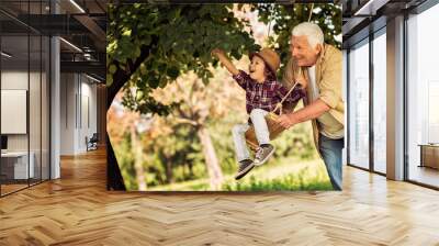 Grandfather and grandson playing in a park with a swing Wall mural