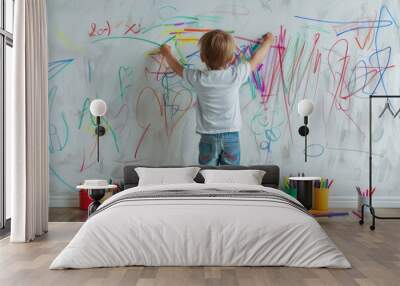 Little kid in his room scribbling on the walls Wall mural