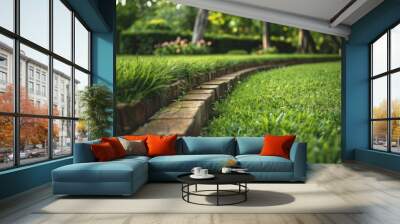 Low angle perspective of lush green lawn with wooden edging Wall mural