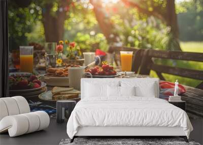 Outdoor breakfast on the table with American flag covering it on memorial day Wall mural