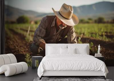 Portrait of a mexican farmer working on a farm in the countryside planting crops Wall mural