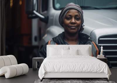 Smiling portrait of a african american female trucker working for a trucking company Wall mural