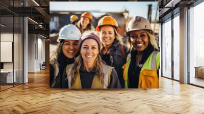 Smiling portrait of a diverse happy female group of women working construction on a construction site Wall mural