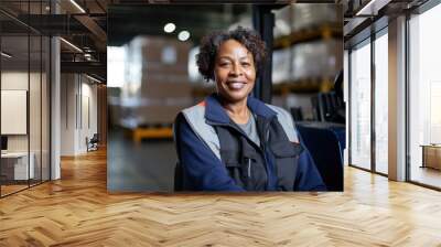 Smiling portrait of a happy female warehouse worker working in a warehouse Wall mural