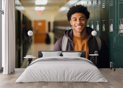 Smiling Portrait of a young male student in a school hallway Wall mural