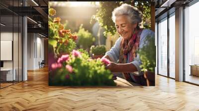 Smiling senior woman working on her home garden Wall mural