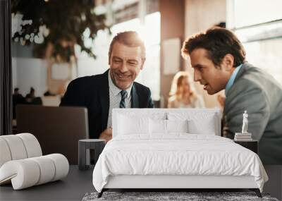 Two businessmen on a business meeting in an indoor cafe in the city Wall mural