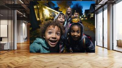 Young diverse group of kids trick or treating in the suburbs of a city during halloween at night Wall mural