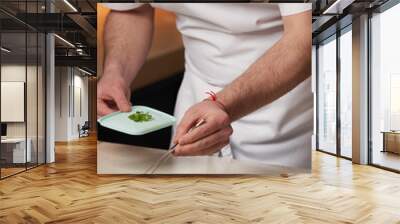 Chef cooking mashed potato and grilled duck breast Wall mural