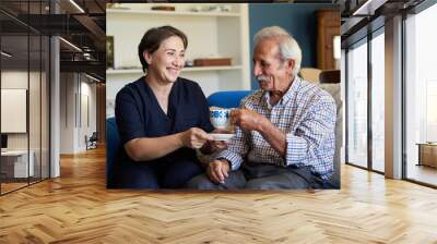 Professional helpful caregiver and a senior man during home visit Wall mural