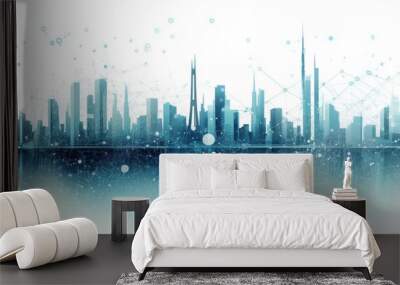  urban architecture, cityscape with space and neon light effect. Modern hi-tech, science, futuristic technology concept. Wall mural